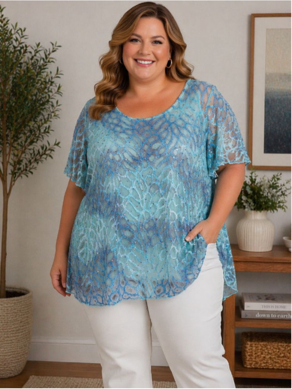 Dressbarn Women's Tunic Top plus Size 1X Blue Teal Sequin